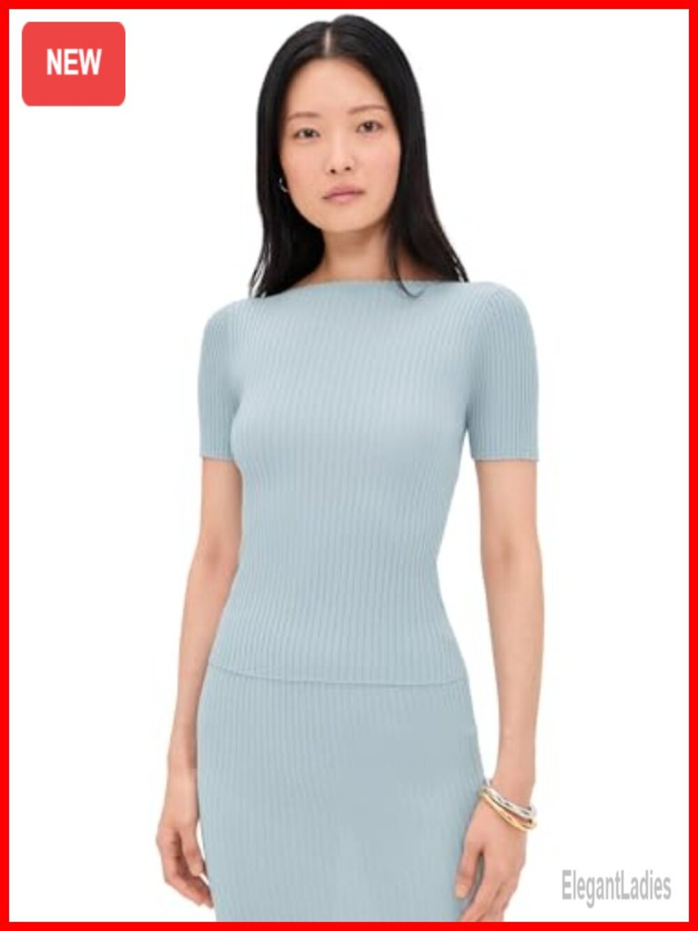 Ribbed Jersey Short Sleeve Boat Neck Tee Casual Metallic Threading